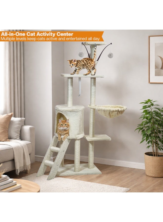 NNC PETS Cat tree tower for Indoor cats & Kittens, Multi-level cat tree activity center with hanging toys, Sisal scratching post, Cozy Hammock, Cat condo and climbing ladder, Easy assembly, 136 cm (Beige) - Image 5
